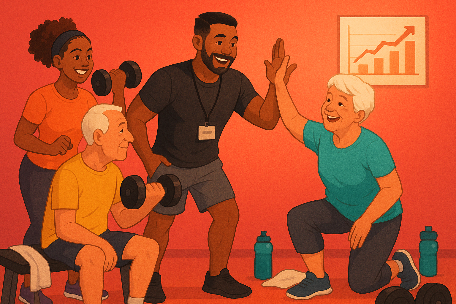 A fun, warm, friendly, and comfortable image that is a representation of the benefits of working with a personal trainer. (hot red based background)