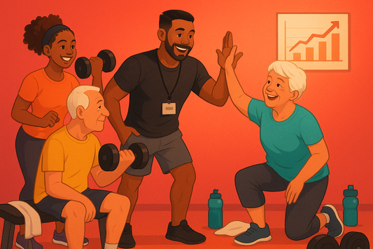 A fun, warm, friendly, and comfortable image that is a representation of the benefits of working with a personal trainer. (hot red based background)