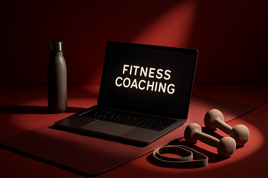 High-end Laptop opened on a high quality yoga mat with water bottle and light exercise equipment near by. Red Background please with unique lighting on the focal points of the image